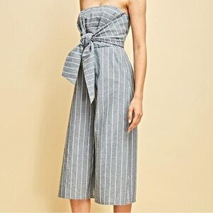 Entro Blue and White Strapless tie front crop wide leg Jumpsuit size medium